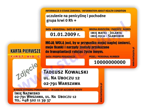 KARTA  PIERWSZEJ POMOCY/KARTA ŻYCIA